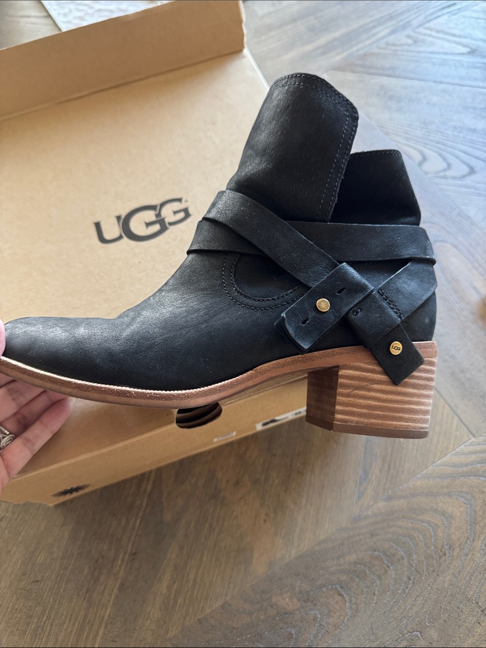 UGG Black Leather Ankle Boot with Wrap Strap and Stacked Heel
